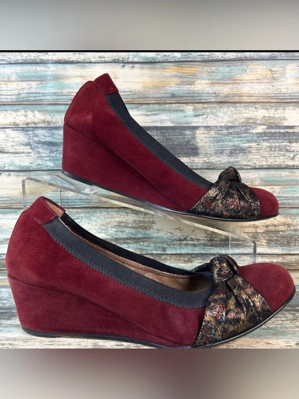 Anyi Lu Wedge Heel Pumps Shoe Womens Size 7.5-8/38 Burgundy Suede Handmade Italy